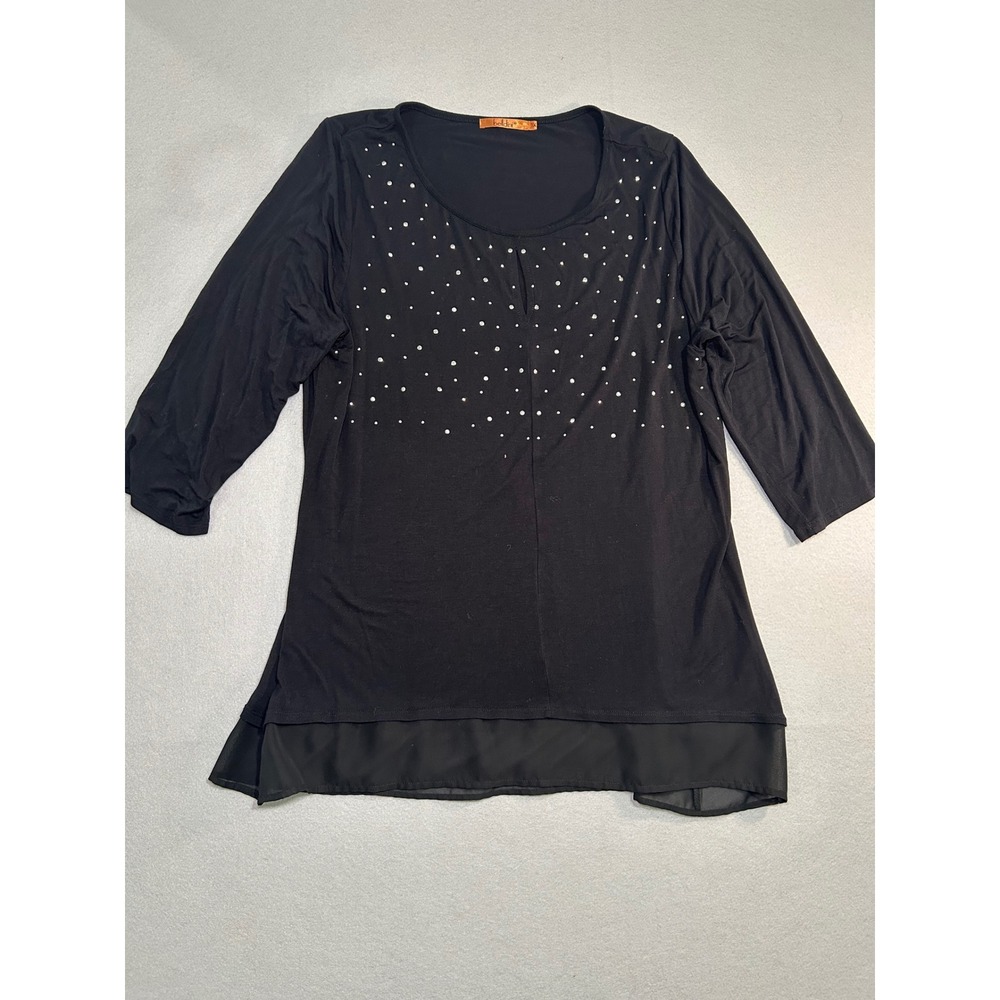 Belldini Tunic Top Womens 1X Black Rhinestone Keyhole 3/4 Sleeve Layered Hem
